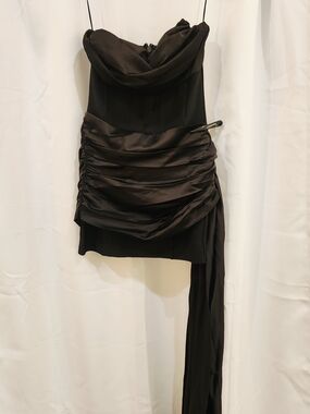 Fashion Nova Black Strapless Satin Ruched Mini Dress with Draped Sash